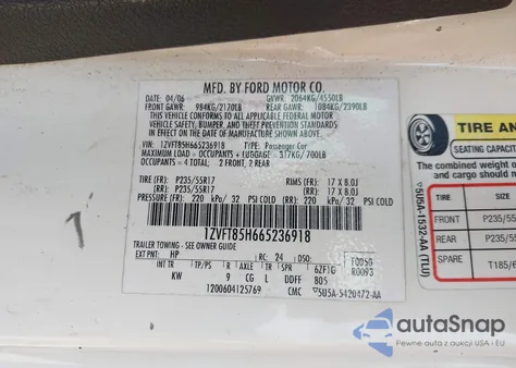 2006 Ford Mustang Gt z USA, uszkodzony, nr VIN 1ZVFT85H665236918